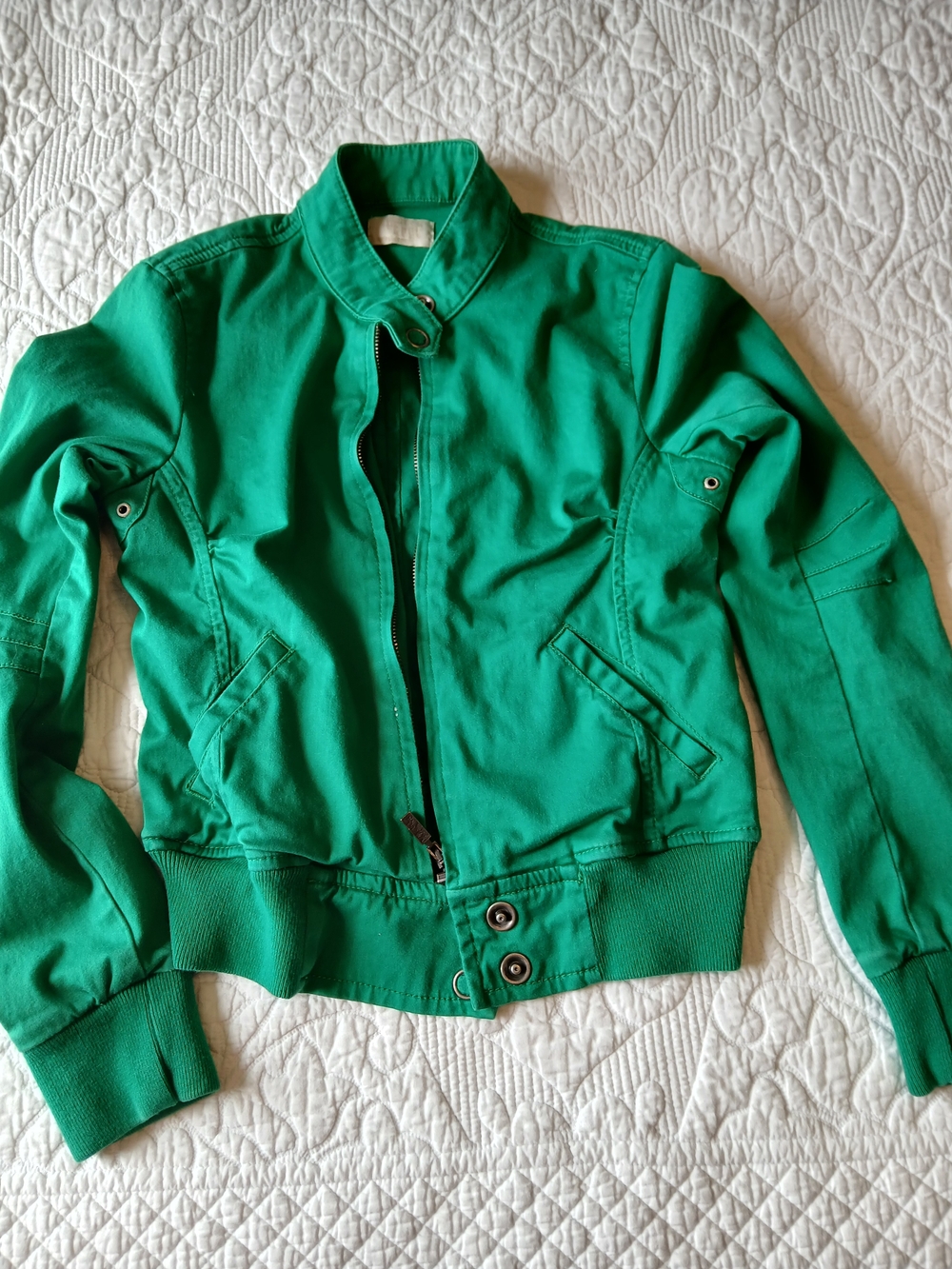 ♡Women's Vintage Emerald Green Bomber Jacket with Ribbed Waist☆